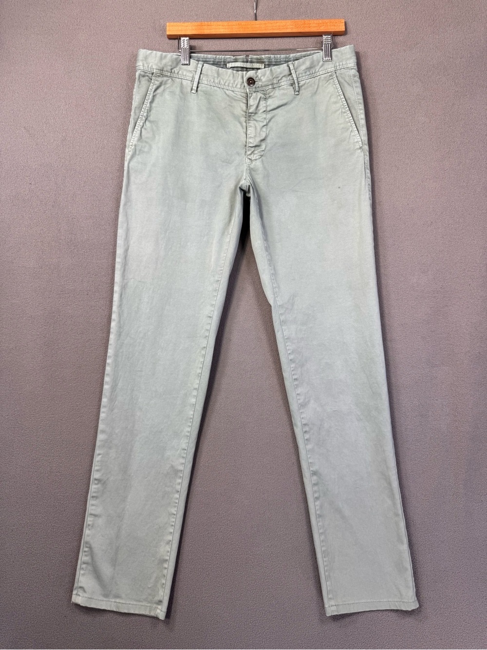 Incotex Men’s Light Sage Green Straight Leg Chinos, Slim Fit Pants, Size 33x32